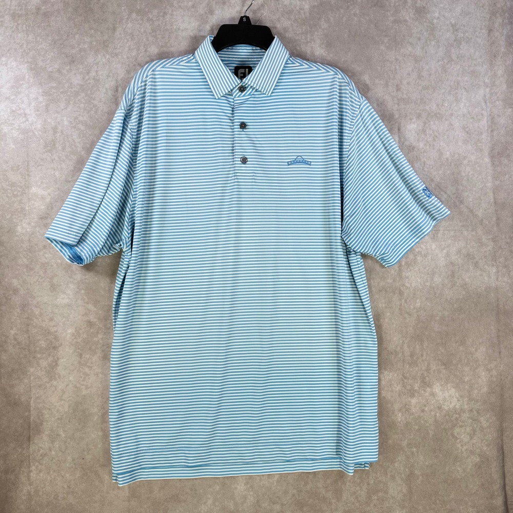 FootJoy Polo Shirt Mens Large Blue White Striped Performance Short Sleeve Logos